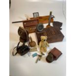 Assorted items to include a teddy bear, a clock, a box with marquetry, a brass thermometer, a coat