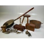 Collectors' items to include a carved wooden stool, a tea caddy, heavy brass mortar and pestle,