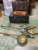 A quantity of metal items, including two trunks, a suit case, assorted metalware including a fencing