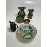 A cloisonne melon shaped coffee pot and a bowl, plus two brass bowls and two copper pots (6)