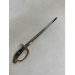 A Prussian short sword with wire work grip and hinged pierced knuckle guard with reduced blade,
