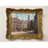 HERMANN; oil on board, Continental street scene with figures, signed, bears Stacy-Marks label verso,