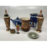 A group of decorative ceramics including a pair of transfer decorated Vienna vases (one af),