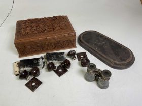An Indian sandalwood carved work box, width 33cm, containing wide, plus items including a pair of Le