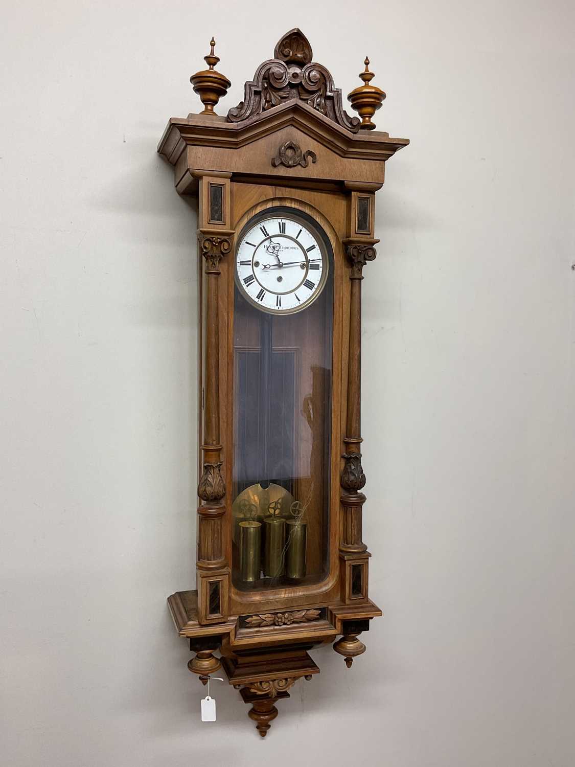 A late 19th century walnut triple weight regulator Vienna style wall clock with two piece white - Image 2 of 7