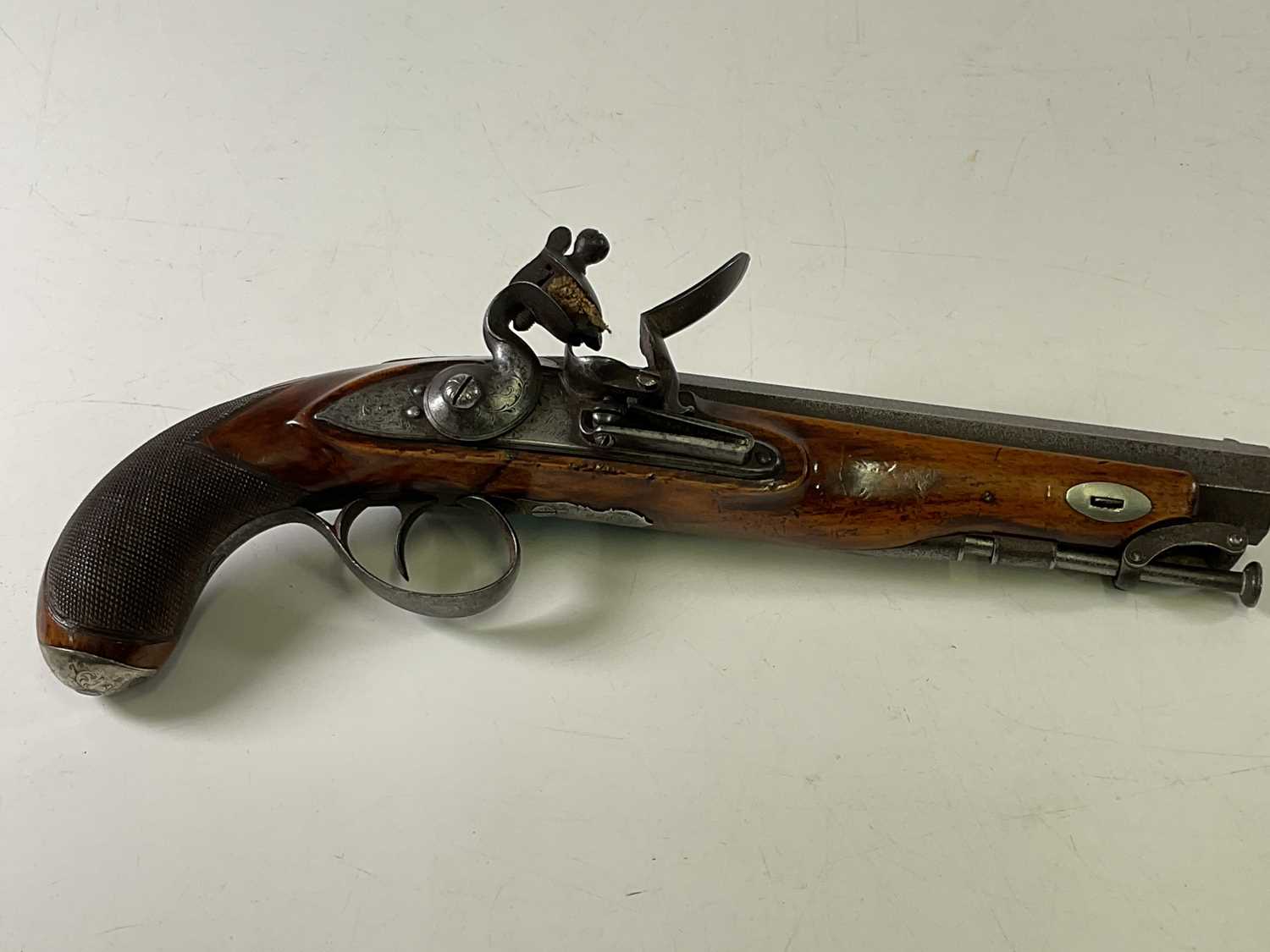 J.M. & ADAMS; an early 19th century flintlock pistol with octagonal barrel, chequered stock and - Image 7 of 8