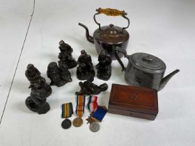 A collection of items to include three World War I medals named to the rim L-16756 Pte E. S. Hurst R