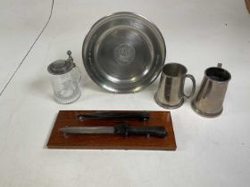 A pewter military presentation plate (attributed to WO2 Coleman RE), along with a pewter lidded