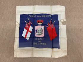 An embroidered silk panel, 'Present from Gibraltar', 58 x 58cm.