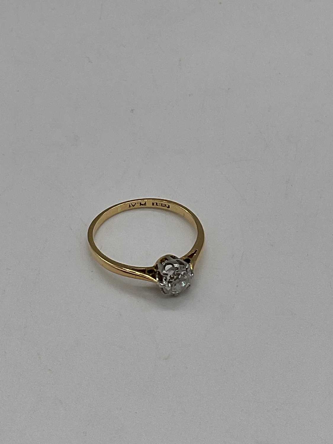 An 18ct yellow gold diamond solitaire ring, the cushion cut stone approx. 0.5cts. size M 1/2, - Image 3 of 5