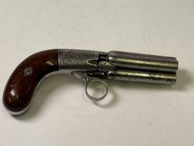 A Belgian four-barrel percussion cap pocket pistol, indistinctly stamped to the furniture, length