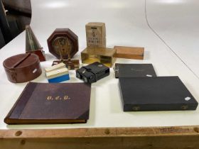 Collectors' items including a Microscope and slides, a brass box, a pen holder, wall clock and other