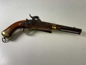 An early 19th century Dragoon type percussion cap pistol with brass and steel furniture, belt loop