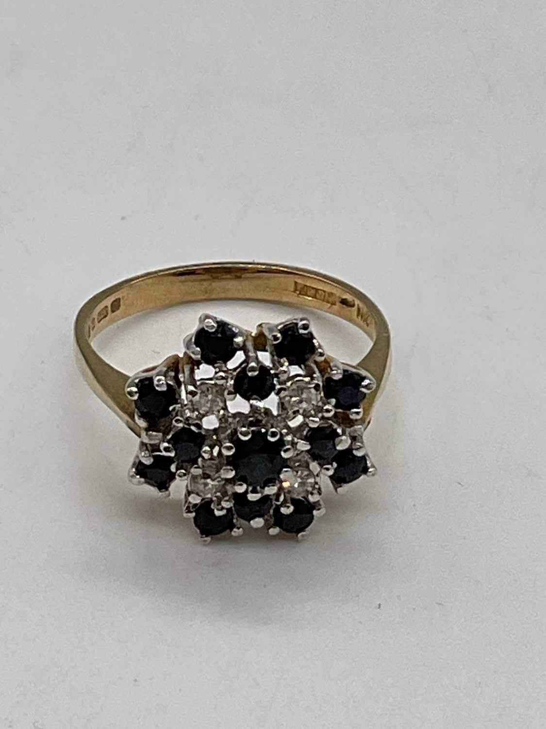 A 9ct yellow gold sapphire and diamond stepped floral cluster ring, size Q, approx. 3.9g. - Image 2 of 4