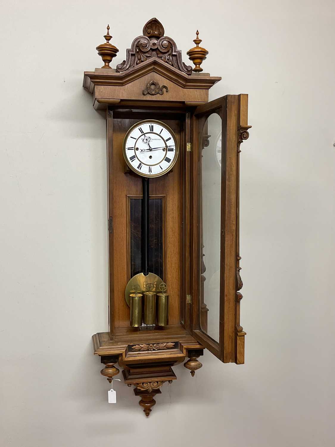A late 19th century walnut triple weight regulator Vienna style wall clock with two piece white - Image 3 of 7