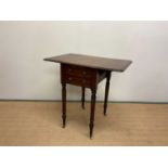 A Victorian mahogany drop-leaf work table raised on ring turned legs, height 73cm