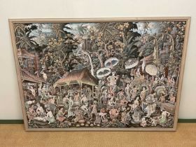 A framed Indonesian printed traditional scene on fabric, 98 x 134cm.