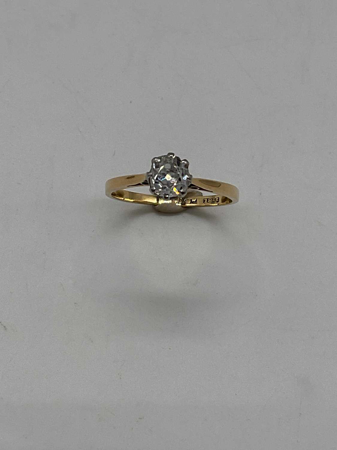An 18ct yellow gold diamond solitaire ring, the cushion cut stone approx. 0.5cts. size M 1/2, - Image 2 of 5