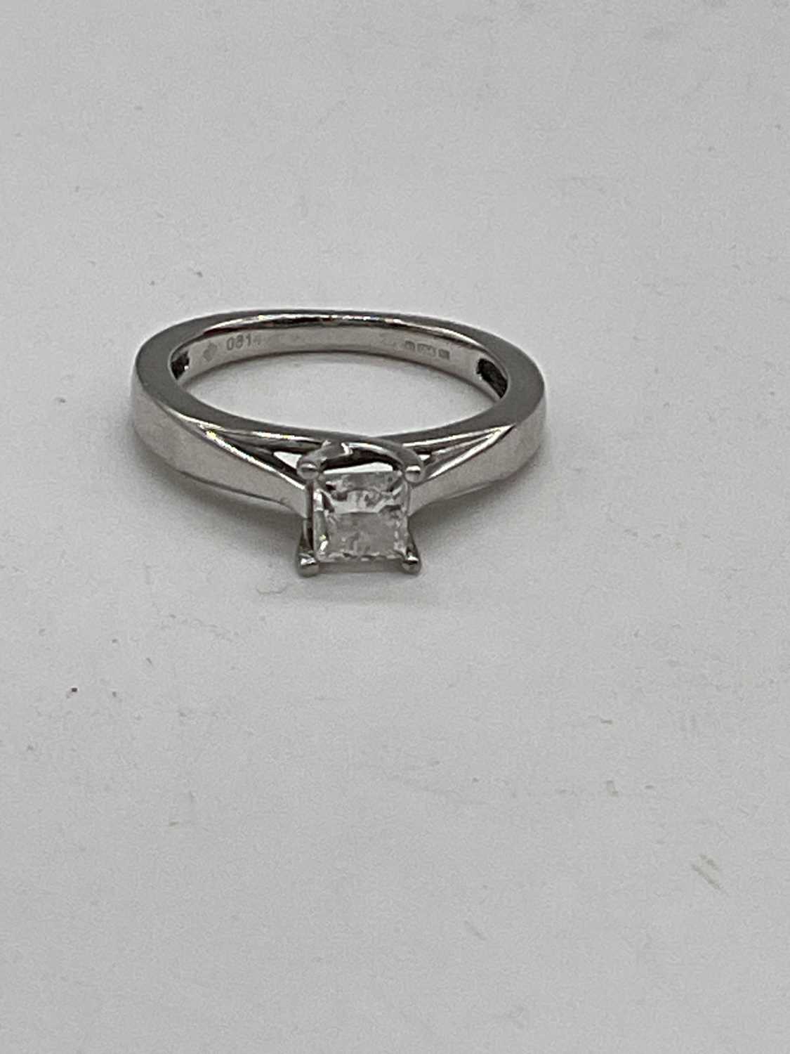 A platinum and diamond solitaire ring, the princess cut four claw set stone approx. 0.50cts, - Image 2 of 7