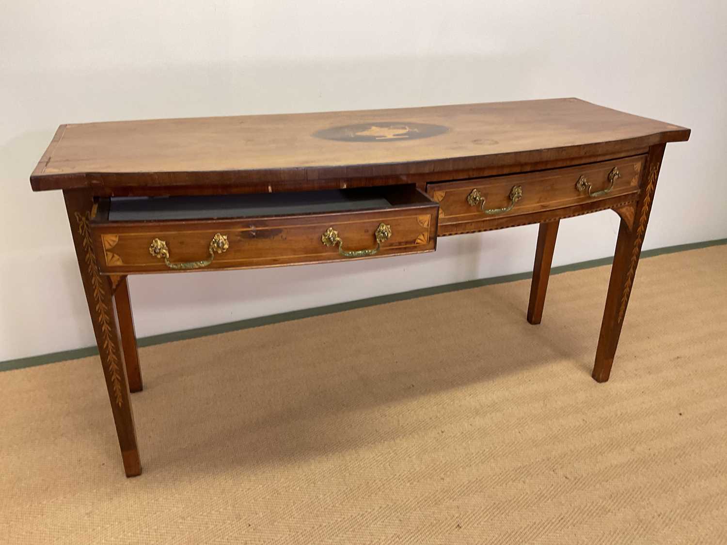 An early 19th century mahogany and inlaid bowfronted serving table with two frieze drawers raised on - Image 3 of 6