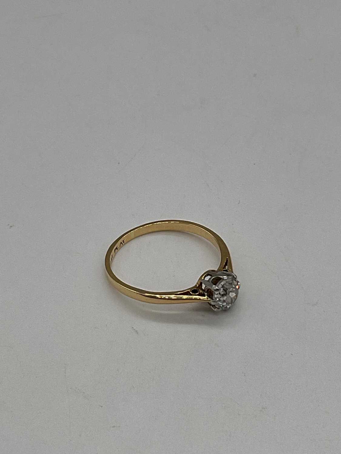 An 18ct yellow gold diamond solitaire ring, the cushion cut stone approx. 0.5cts. size M 1/2, - Image 4 of 5