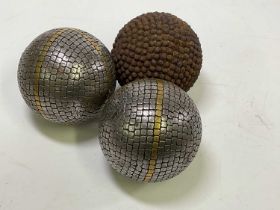 Three antique French Pétanque boules with iron nail studs