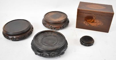 A 19th century mahogany and shell inlaid rectangular box, width 19cm, also four Chinese hardwood