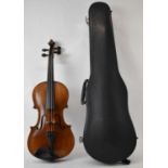 A full size German violin with two piece back, length 36cm, unlabelled, cased.