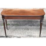 A 19th century mahogany D-end console table with side drawer, on turned fluted supports, width