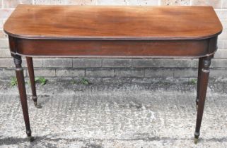 A 19th century mahogany D-end console table with side drawer, on turned fluted supports, width
