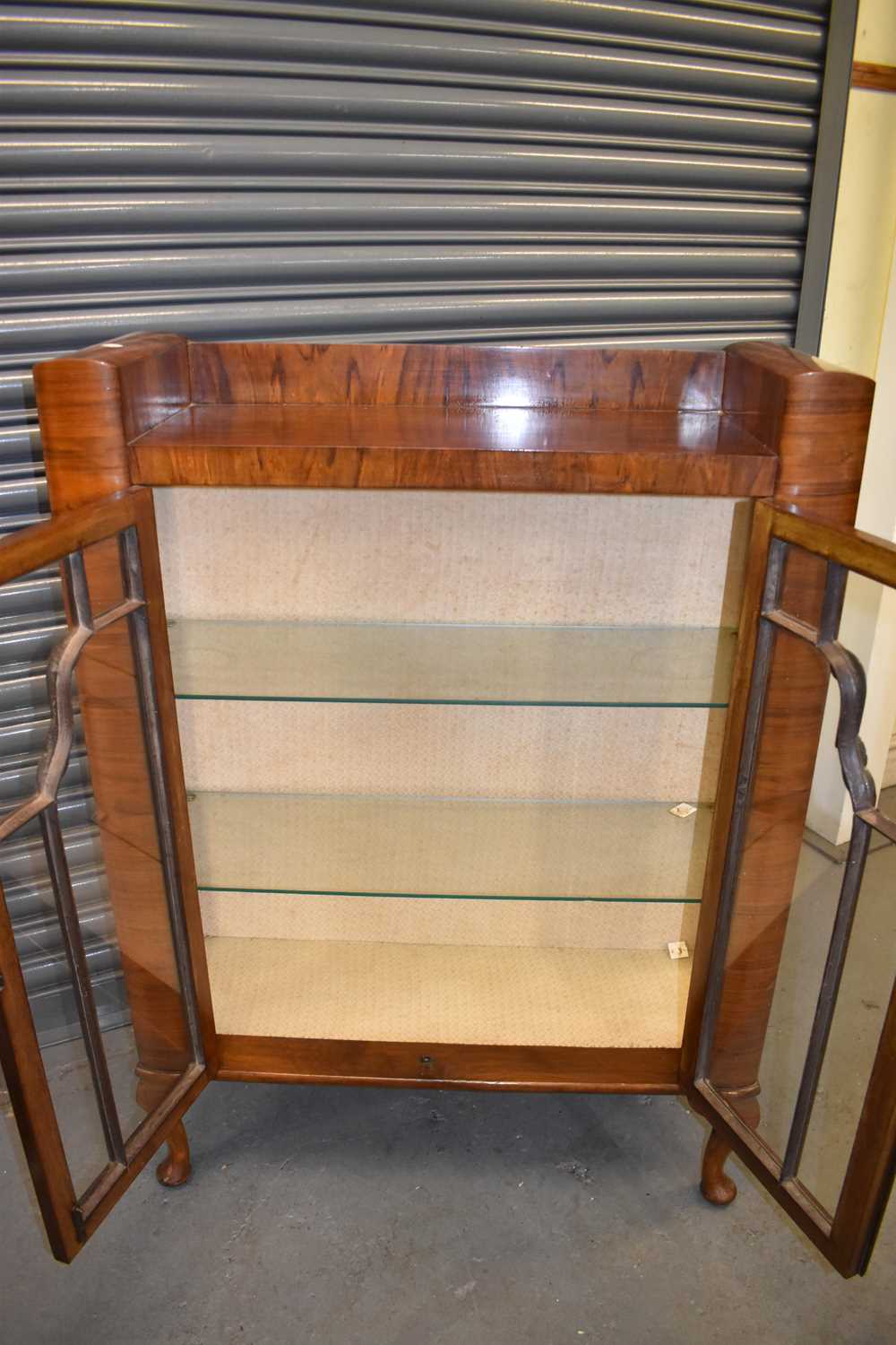 An Art Deco style walnut two door display cabinet on cabriole legs, width 87cm. - Image 2 of 2