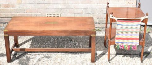 A mahogany and brass bound rectangular campaign style coffee table, 107 x 45.5cm, also a two tier
