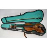 A modern full size student violin, cased with bow.