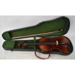 A modern three-quarter size student violin, cased with bow.