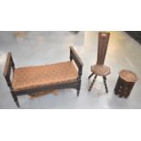A Victorian carved oak hall seat, width 91cm, also a small Moorish octagonal occasional table, width
