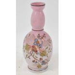 A late Victorian pink glass vase with painted floral decoration, height 22cm.