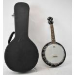 A modern Ashbury ukulele banjo, with hard case.