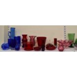 A large mixed lot of coloured glass including Mdina decanter with stopper, art glass, Whitefriars,