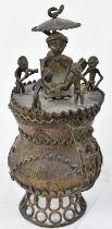 TRIBAL ART; a 20th century Ashanti bronze gold dust pot with cover, height 28.5cm.