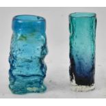 A Whitefriars style blue ground glass bark vase, height 16.5cm and a knobbly blue ground Art Glass