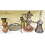 A small selection of metalware including brass grinder, Eastern coffee pot, etc (8).
