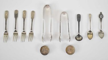 A set of four Russian hallmarked silver forks, together with two 925 silver hallmarked dishes, two