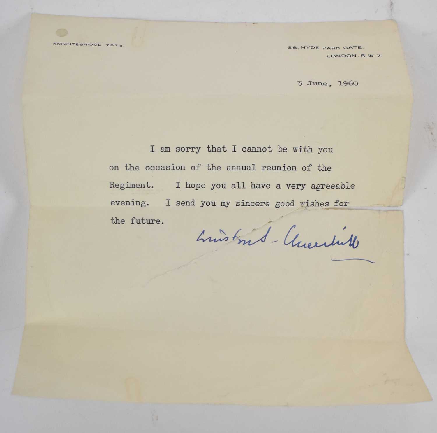 WINSTON CHURCHILL; a hand signed letter in blue ink dated 3 June, 1960 (torn through signature).