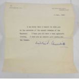 WINSTON CHURCHILL; a hand signed letter in blue ink dated 3 June, 1960 (torn through signature).