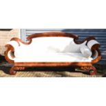 A large 19th century Continental mahogany framed scroll arm sofa, width approx. 215cm.