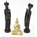 Two 20th century Chinese carved resin figures and a small brass figure of a Buddha (3).