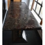 A modern Art Deco style dining table with substantial rectangular marble top on metal base, 200 x