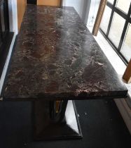 A modern Art Deco style dining table with substantial rectangular marble top on metal base, 200 x