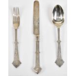 MARTIN, HALL & CO; a Victorian hallmarked silver cased set comprising knife, fork and spoon,