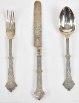 MARTIN, HALL & CO; a Victorian hallmarked silver cased set comprising knife, fork and spoon,